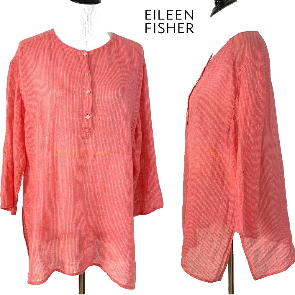 Eileen Fisher Linen 3/4 Sleeve Tunic Henley Shirt Striped Sz L - Picture 4 of 16